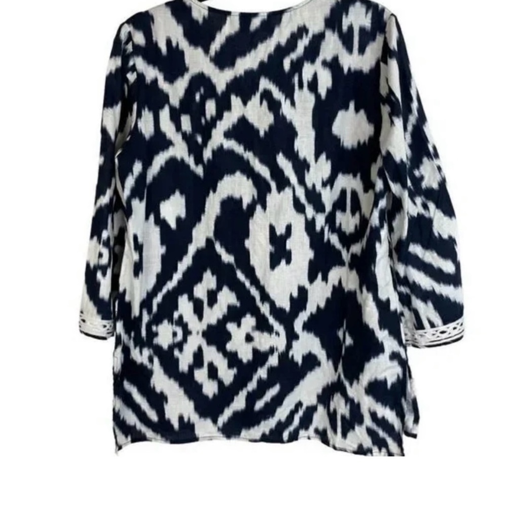 Jones New York Signature Navy Blue White 100% Linen Embroidered Tunic Top Size M - Picture 2 of 9